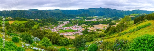 Aerial view of Furnas town at Sao Miguel island, Azores, Portugal photo