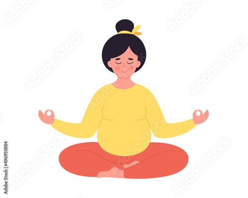 Pregnant woman meditating in lotus pose. Healthy pregnancy, yoga, relax, breathing exercise. Hand drawn vector illustration