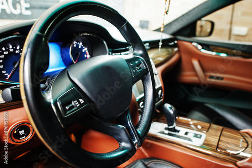 Car steering wheel interior of luxury transport. © AS Photo Family