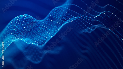 Digital moving wave. Background with moving luminous particles. Connecting dots and lines on a dark background. 3d rendering.