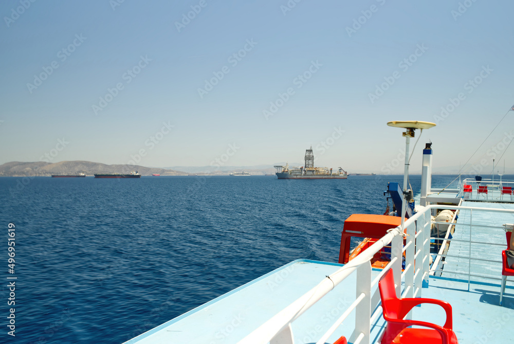 Obraz premium view from the deck of the ferry during sail in Greece. close up