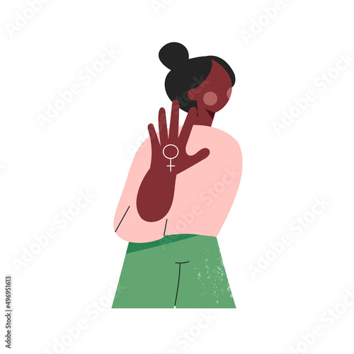 Woman right and power or protest against gender violence and harassment. Feminism concept. Strong girl show stop gesture. Female solidarity. Cartoon flat vector illustration isolated on white