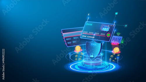 Foto Projection of a credit card, on background of a billboard, money and payment