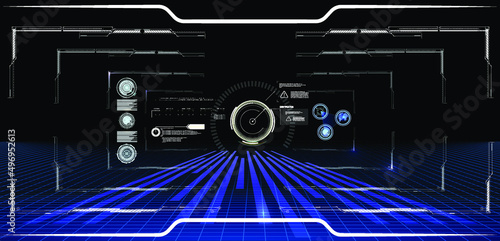 Blue Virtual reality space. Futuristic VR frame, Head-up Display Design. Sci-Fi Helmet HUD UI. Futuristic Technology. Cockpit of futuristic autonomous car. High tech screen. GUI design for video games