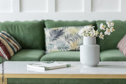 Cozy home interior with a green sofa. White walls