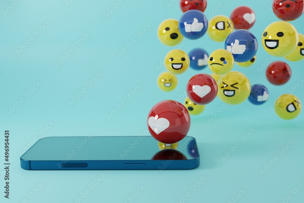Emoticons coming out of the phone. Social media concept, using emoticons among internet. Emoji in use. Various facial expressions and emoticons. International emoji day. 3D render, 3D illustration. Emoticons coming out of the phone. Social media concept, using emoticons among internet. Emoji in use. Various facial expressions and emoticons. International emoji day. 3D render, 3D illustration.