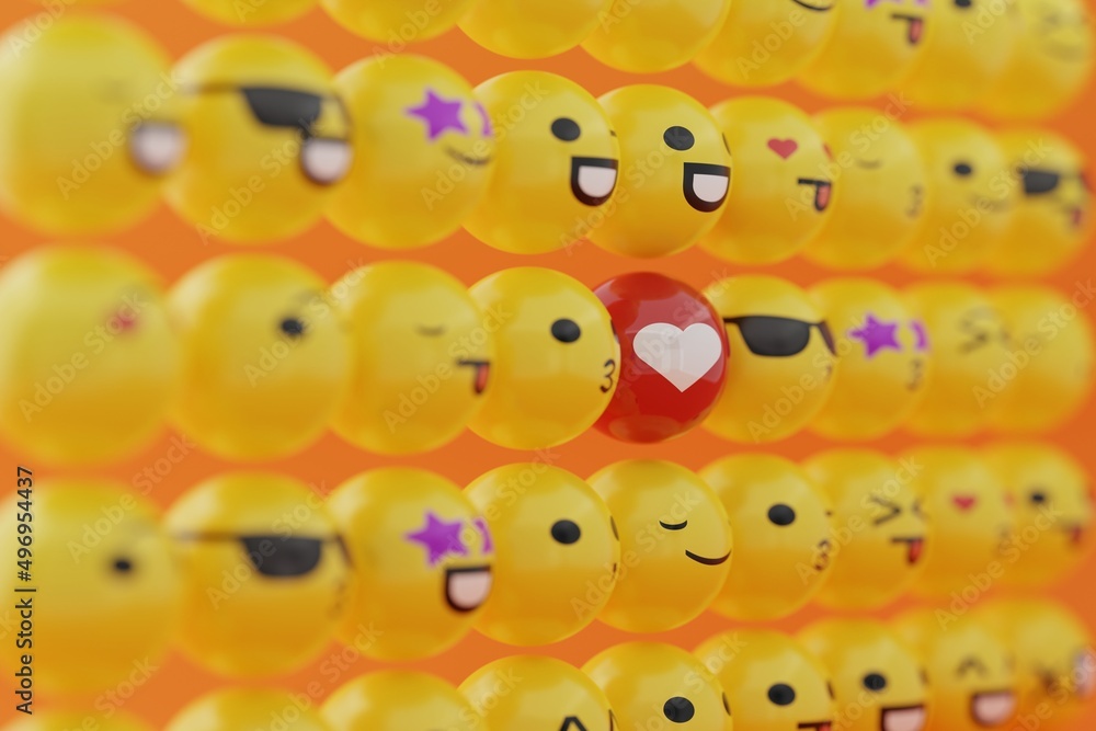 Fototapeta premium Set of different emoticons. Social media concept, using emoticons among internet. Emoji in use. Various facial expressions and emoticons. International emoji day. 3D render, 3d Illustration.