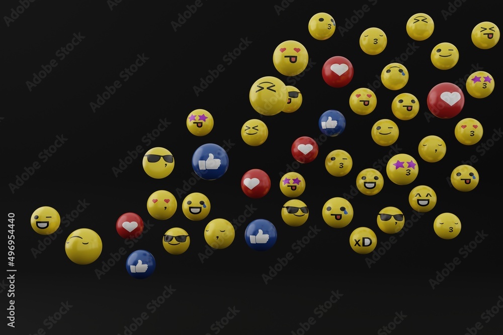 Yellow faces, heart and like emoji. Social media concept, using emoticons among internet. Emoji in use. Various facial expressions and emoticons. International emoji day. 3D render, 3D illustration. Yellow faces, heart and like emoji. Social media concept, using emoticons among internet. Emoji in use. Various facial expressions and emoticons. International emoji day. 3D render, 3D illustration.