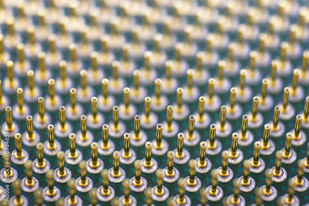 Fototapeta premium cpu gold pins microchip processor legs computer component technology. Macro photography Central processing unit - computing