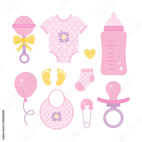 Set of design elements for girl baby shower. Flat vector illustration.