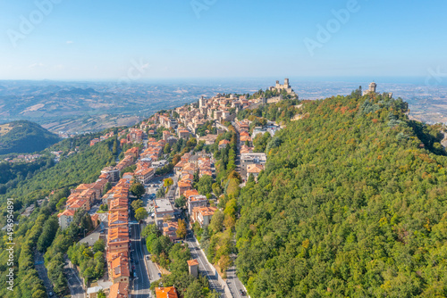 Aerial view of San Marino dominated by Torre Guaita and Torre Cesta photo