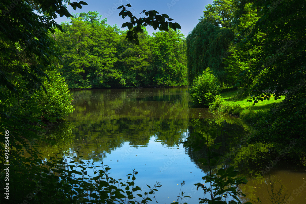 Luscious green trees foliage and summer blue sky reflections in serene lake waters. Georgengsrten park, Hannover, Geramany