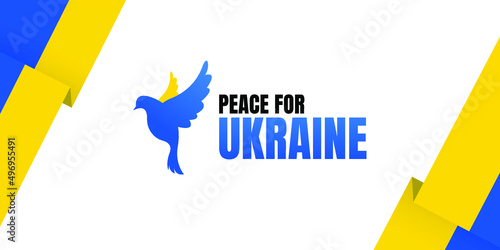 Peace for Ukraine. Ukraine flag praying concept banner with typography and blue yellow color theme. Pray For Ukraine peace. We are ukranian. Save Ukraine from russia. Flying bird as a symbol of peace.