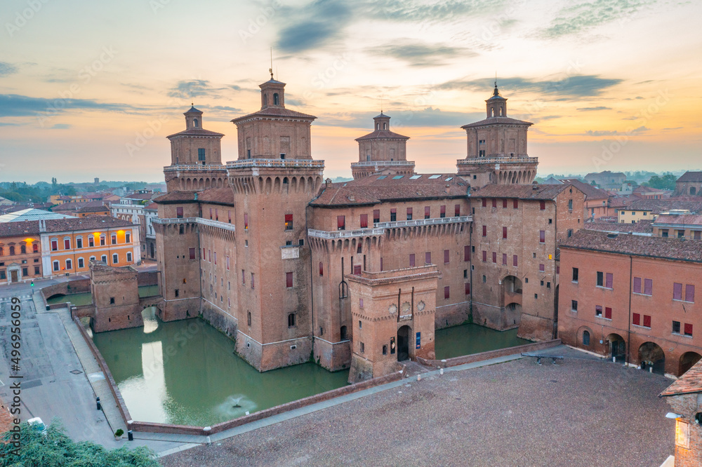 Aerial view of Castello Estense in the Italian town Ferrara - obrazy, fototapety, plakaty 