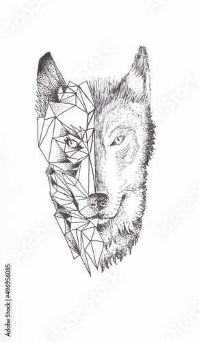 Husky tattoo style pen and ink drawing