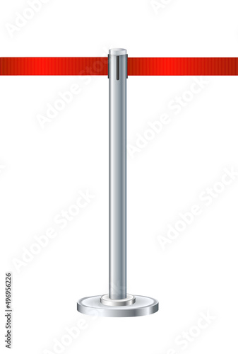 Retractable belt rack. Portable tape barrier. Red tape for fencing. Red carpet with red ropes on silver supports. Exclusive event, movie premiere, gala concert, awards ceremony.