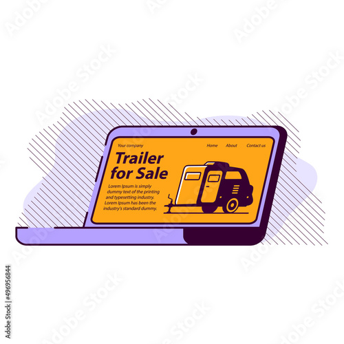 Rv camper trailer purchase.Truck camper sale.Travel trailers.Motorhome caravan car laptop website.Website banner concept. Line art vector illustration.