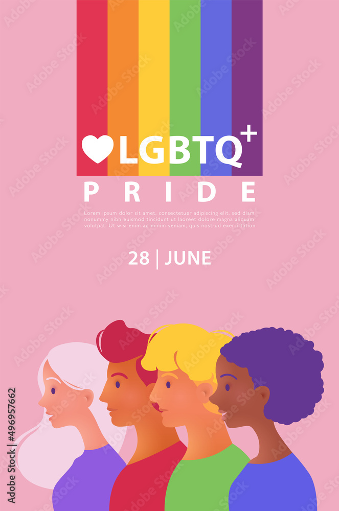 LGBTQ plus PRIDE vector poster with portraits of diverse people for LGBT rights and movements LGBTQ plus PRIDE vector poster with portraits of diverse people for LGBT rights and movements