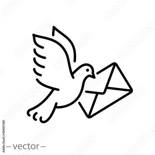pigeon with envelope icon, message from bird, dove and mail letter, thin line symbol on white background - editable stroke vector illustration