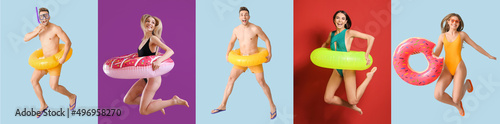 Set of jumping people with inflatable rings on color background photo