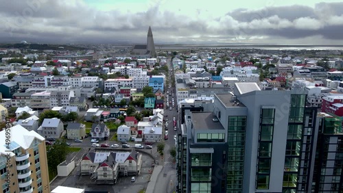 Reykjavík, Reykjavík Iceland: 10 10 2021: Beautiful cinematic aerial footage of the Icelands capital Reykjavik, the Cathedral of Hallgrimskirkja and Beautiful city photo