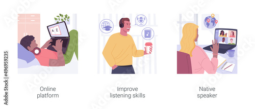 Foreign language distance learning isolated cartoon vector illustrations set.