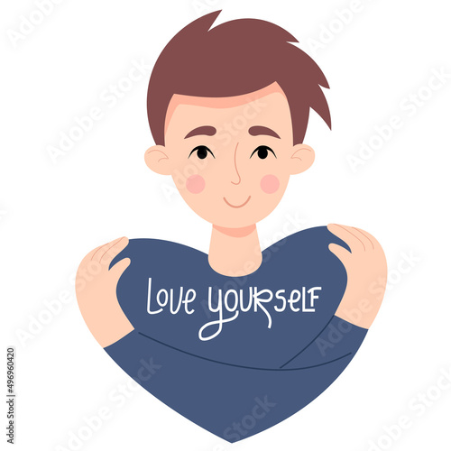 Love yourself. handsome young guy with haircut hugs himself. Concept Love yourself and find time for yourself and care. Vector illustration. Cute male character in flat style for decoration, design