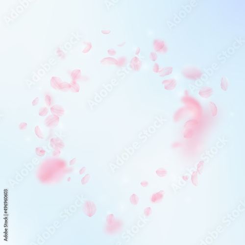 Sakura petals falling down. Romantic pink flowers vignette. Flying petals on blue sky square background. Love, romance concept. Dramatic wedding invitation.