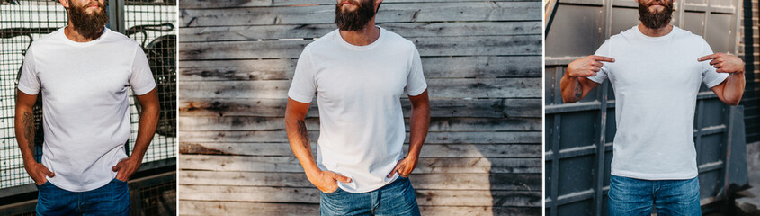 Collage of photos with young bearded guy in blank white t-shirt. Design men t shirt mock-up for print