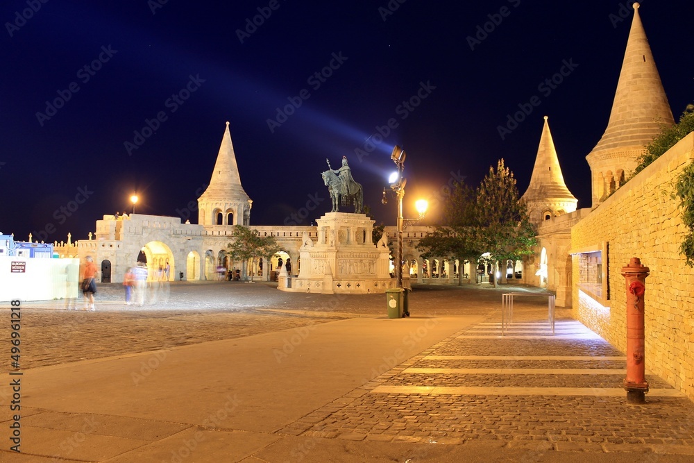 Fisherman's Bastion by night on the hill overlooking the city of Budapest