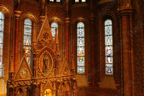Colors inside Matthias Church in Fisherman Bastion in the heart of Budapest
