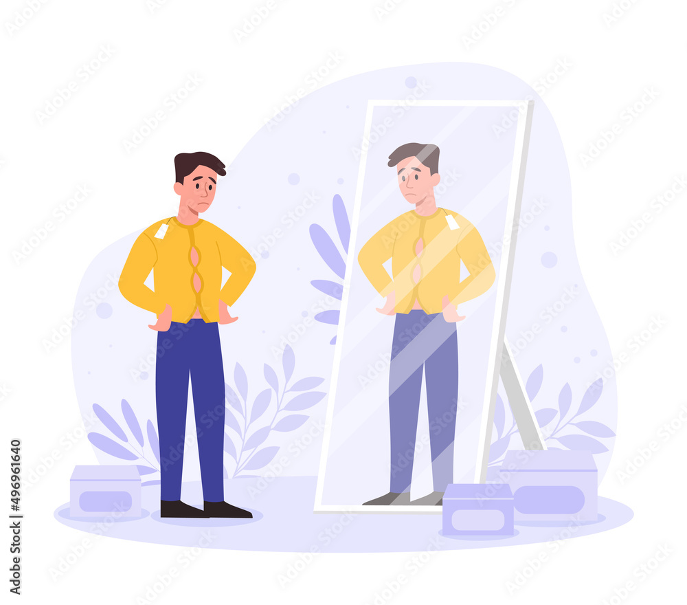 Poorly chosen clothes. Young guy in torn shirt in front of mirror. Lack of income and sad character in fitting room, shortage of funds. Metaphor of social inequality. Cartoon flat vector illustration