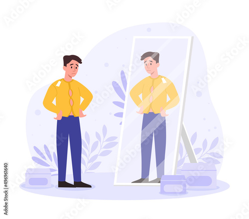 Poorly chosen clothes. Young guy in torn shirt in front of mirror. Lack of income and sad character in fitting room  shortage of funds. Metaphor of social inequality. Cartoon flat vector illustration