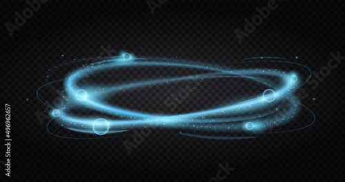 Luminous rings of fire. Blue lights in ring, graphic element for creating atmosphere or decorating picture with space and universe, galaxies and star path. Isometric realistic vector illustration