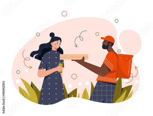 Delivery fast food. Man with backpack on his back brought pizza box to girl. Convenient service and home delivery. Courier and customer outdoor, happy people. Cartoon flat vector illustration