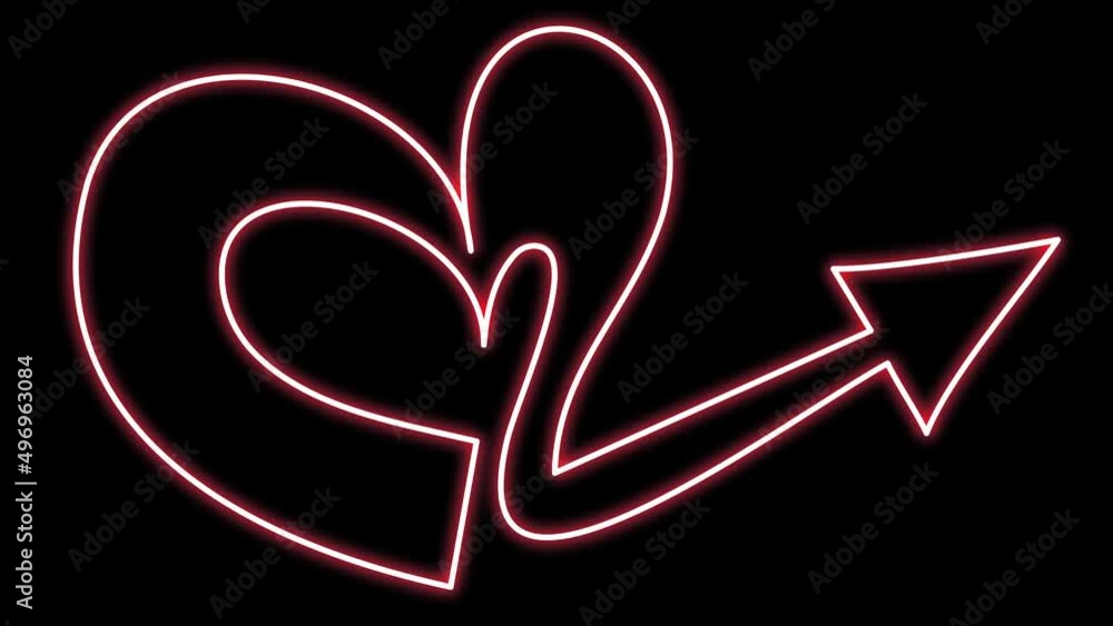 Neon arrow in the shape of a heart. A symbol of falling in love. Animation of a shining neon lamp on a black background. Stock video with alpha channel. Futuristic motion graphics with flickering. Neon arrow in the shape of a heart. A symbol of falling in love. Animation of a shining neon lamp on a black background. Stock video with alpha channel. Futuristic motion graphics with flickering.