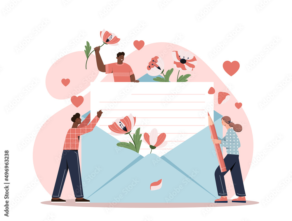 Large stationery concept. Men and young girl next to big envelope. Romantic correspondence and surprises. Flowers and spring season, characters send present. Cartoon flat vector illustration