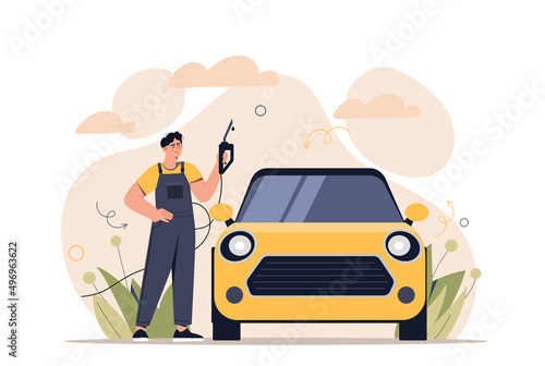 Refueler next to car. Uniformed worker refuels vehicle with gasoline, fuel for travel. Convenient and comfortable service, business and employee at workplace. Cartoon flat vector illustration