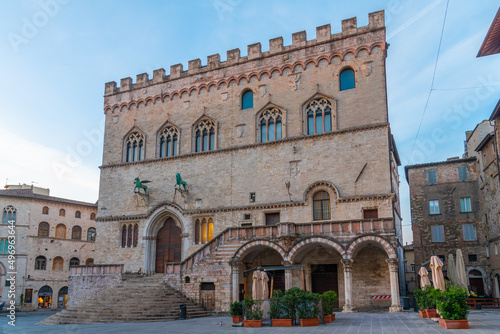 Sunrise over Palazzo dei Priori in the old town of Perugia in Italy photo