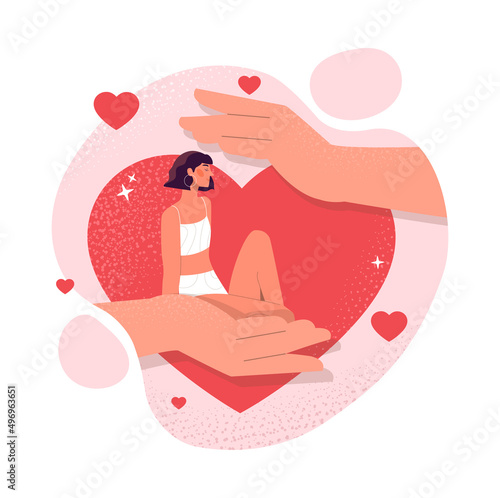Self care concept. Hands stroking girl in heart, comfort and inner balance. Psychology and self development. Woman meditating, concentration on positive and optimism. Cartoon flat vector illustration