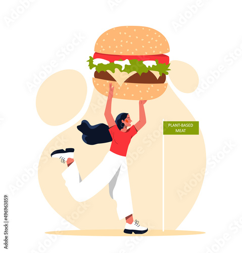 Vegan and healthy lifestyle. Girl with hamburger in her hands runs towards healthy food flag. Active lifestyle and sports, fitness and weight loss, proper nutrition. Cartoon flat vector illustration