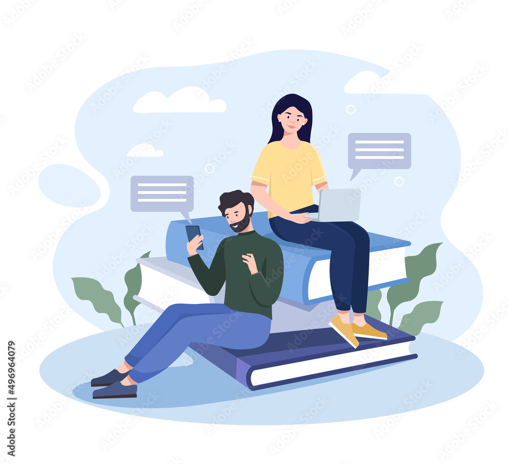 Distance studying concept. Girl and man communicate using gadgets, smartphone and computer. Modern technology and gadget addiction, distance education or work. Cartoon flat vector illustration Distance studying concept. Girl and man communicate using gadgets, smartphone and computer. Modern technology and gadget addiction, distance education or work. Cartoon flat vector illustration