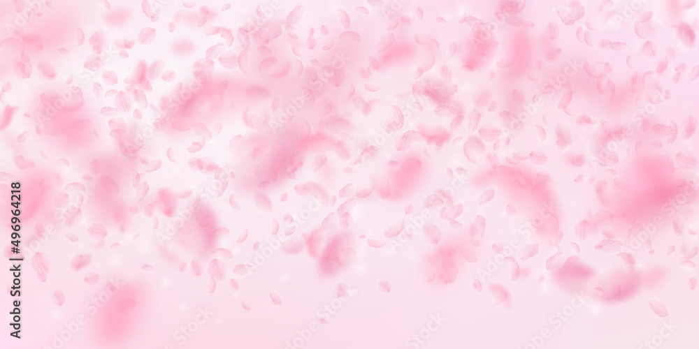 Sakura petals falling down. Romantic pink flowers gradient. Flying petals on pink wide background. Love, romance concept. Popular wedding invitation.