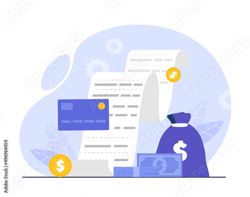 Concept of invoice. Long check, financial literacy and family budget. Banking cards and bag with money, payment for services provided. Payment of utility from bank. Cartoon flat vector illustration