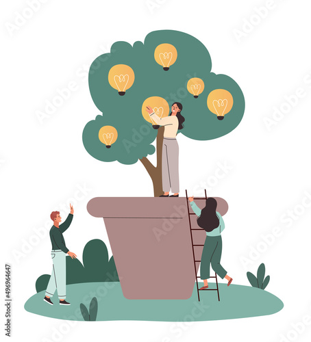 People with money tree. Girl and man climb stairs into pot. Financial literacy and passive income. Investors collect money, entrepreneurs at work, employee harvesting. Cartoon flat vector illustration