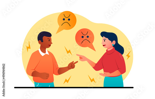 Aggressive dispute concept. Man and woman scream at each other and point fingers, dissatisfaction and problems in their personal lives. Evil people conflict. Cartoon flat vector illustration