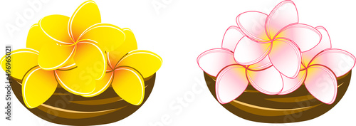 木の器に飾りつけたプルメリアの花のイラスト