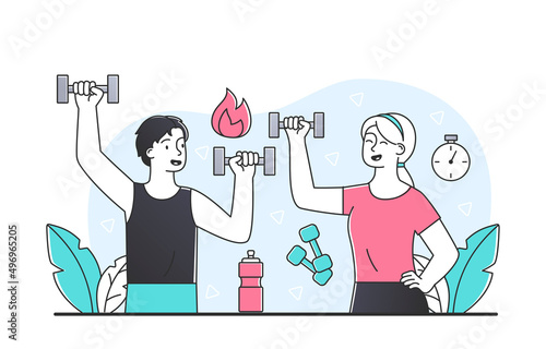 Fitness couple concept. Man and girl do strength training with dumbbells, characters strengthen their shoulders. Active lifestyle and sports, athletes at home. Cartoon flat vector illustration