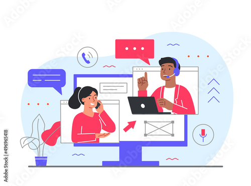 Online support concept. Man in headset answers girls questions on phone. Call center and technical assistant. Feedback and customer support, clients holtline. Cartoon flat vector illustration