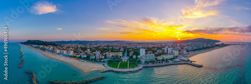Fotografie Sunset aerial view of the beach in Italian town Pesaro